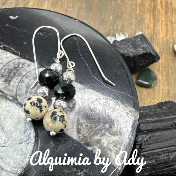 Dalmatian Jasper drop spheres silver dangle earrings - Picture 1 of 6